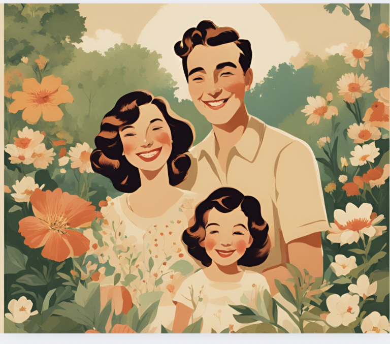 a vintage family portrait with flowers in the background